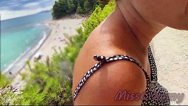 French Milf Blowjob Amateur on Nude Beach public in Greece to stranger with Cumshot MissCreamy